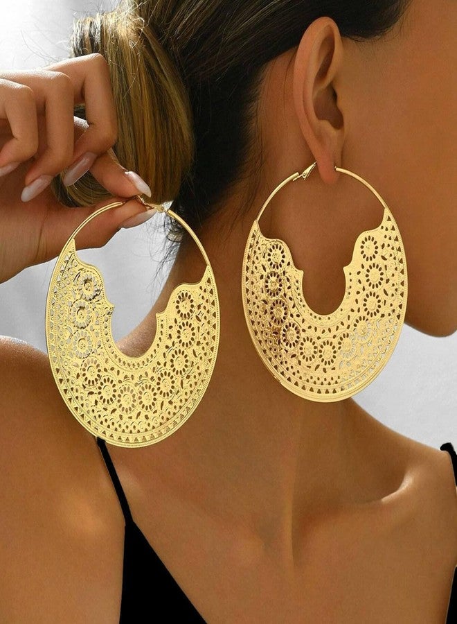 IS4U Chunky Metal Hoop Earrings Vintage Bohemian Textured Statement Earrings Gold Silver Oversized Polished Hollow Metal Circle Hoop Trendy 90s Geometric Round Dangle Drop Earrings Birthday Party Dress Christmas Jewelry for Women (Gold) - Image 3